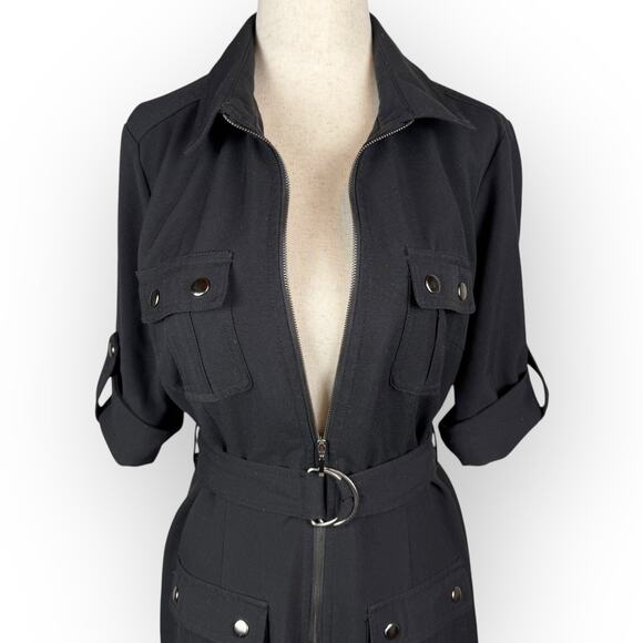 Sharagano Black Front Zip Dress with Cinch Waist Belt Cuffed Sleeves Size 4 - Picture 2 of 13